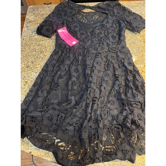 NWT Betsey Johnson Black Lace Cutout Back Fit Flare High Low Dress Size 14 - Picture 10 of 11
